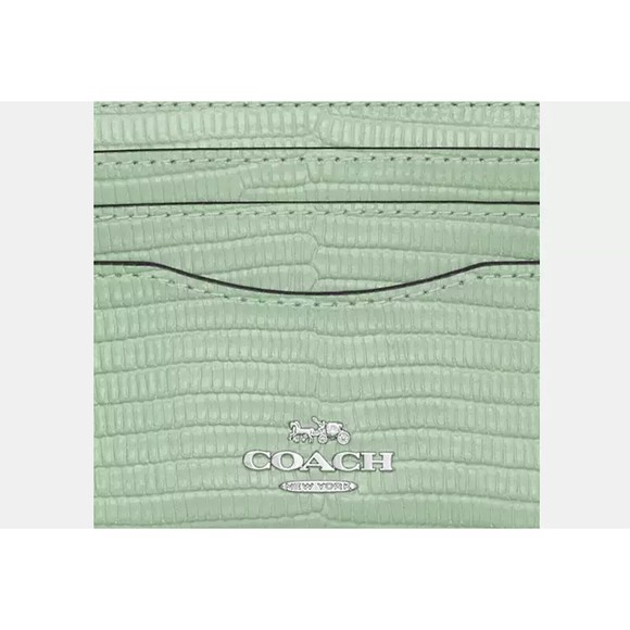COACH CR844 Lizard-Embossed Leather Slim Id Card Case Silver/Pale Green NWT $128 - Picture 2 of 5